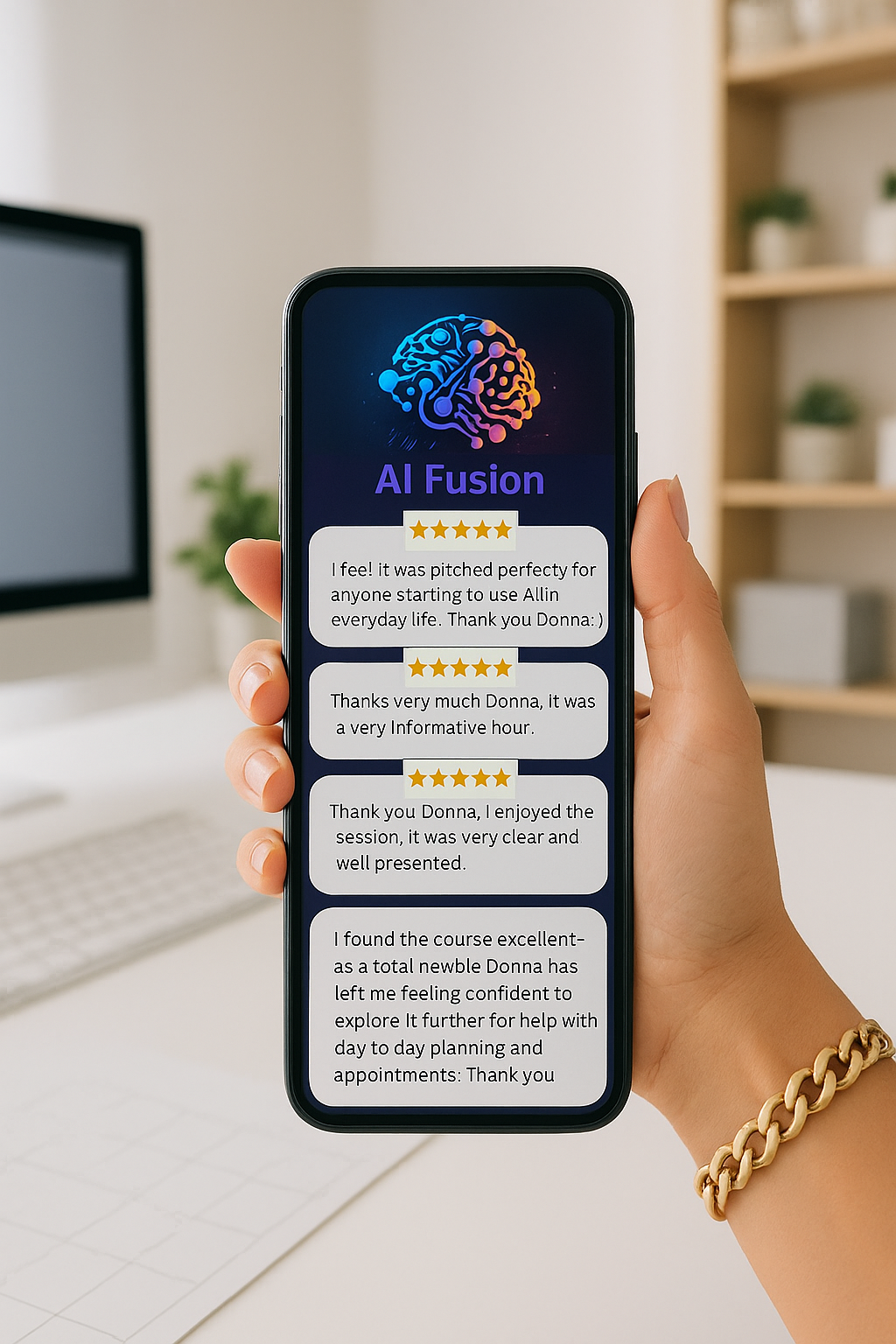 AI Fusion customer testimonials displayed on iPhone